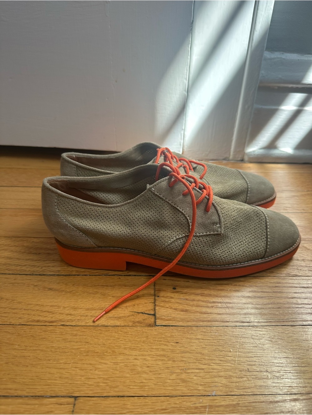 Women’s Taupe Suede Oxford Flats with Orange Accents